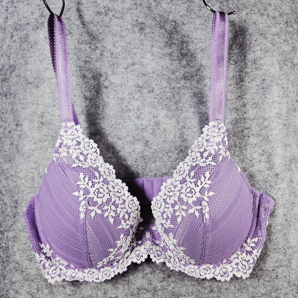 Wacoal Embrace Lace Contour Plunge Bra Purple White Lace 853291 Romantic Sz 36C